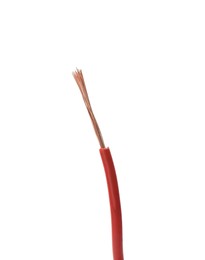 Photo of Stripped electrical wire with red insulation isolated on white