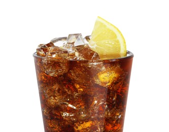 Photo of Glass of refreshing soda drink with ice cubes and lemon on white background, closeup