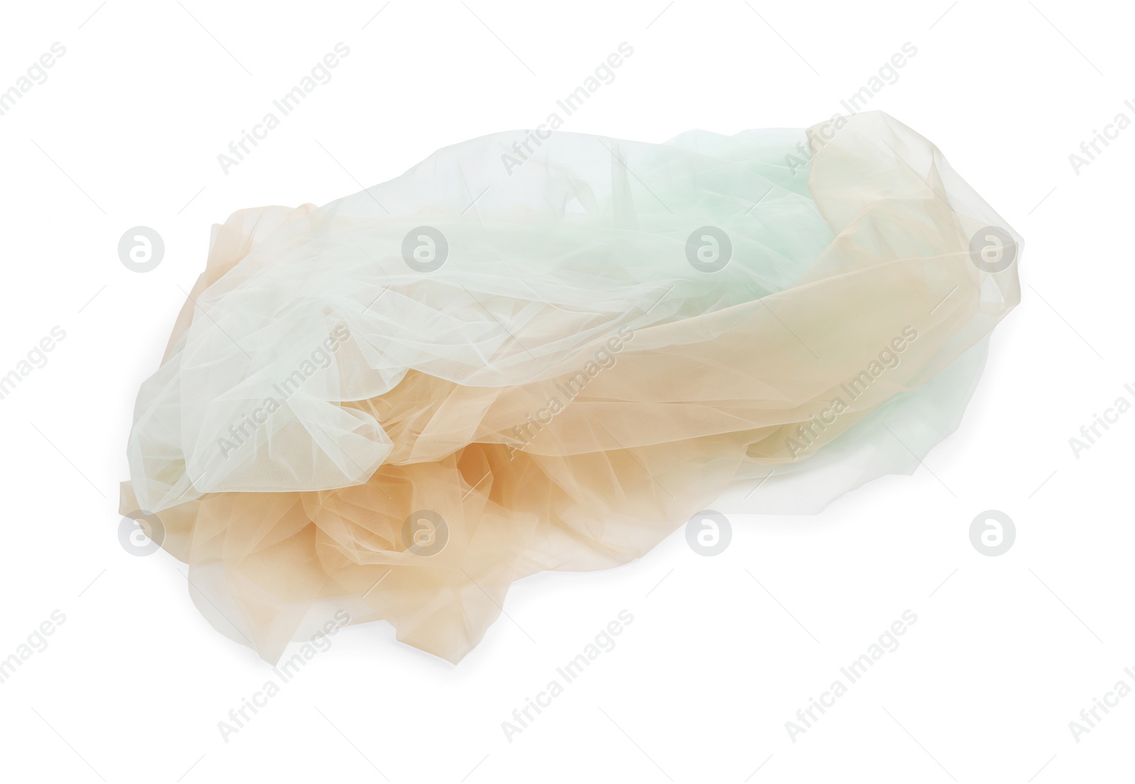 Photo of Beautiful colorful tulle fabrics on white background, top view