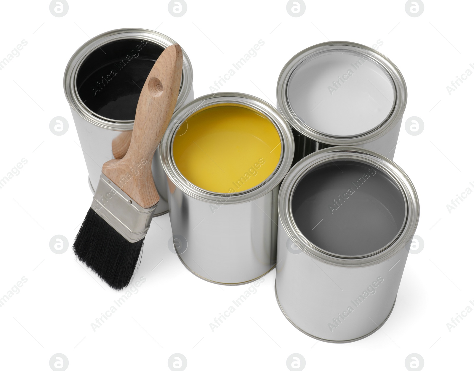 Photo of Cans of different paints with brush on white background, above view