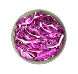 Photo of Tasty fresh shredded red cabbage in bowl isolated on white, top view