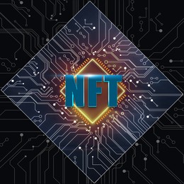 Image of Abbreviation NFT (non-fungible token) on chip and circuit board pattern illustration
