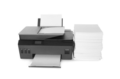 Photo of Modern printer and stack of paper on white background