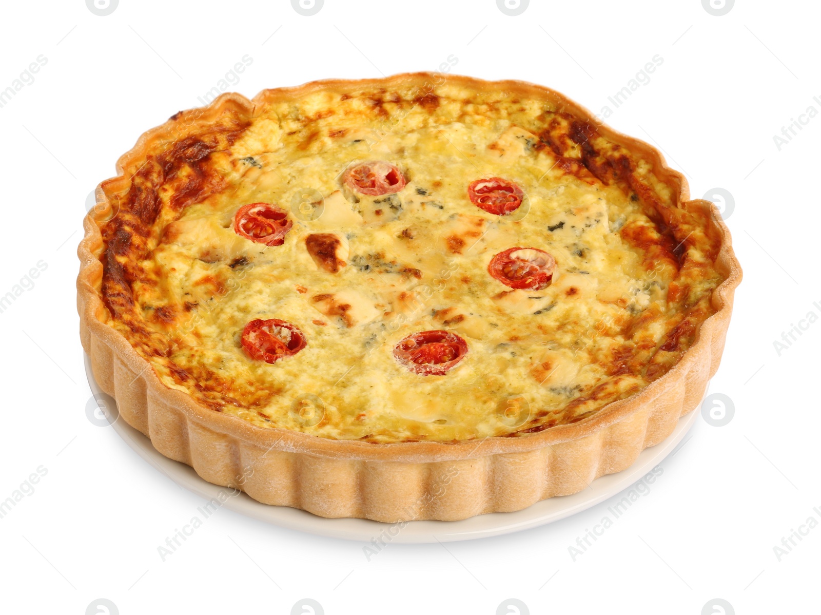 Photo of Delicious quiche with cheese and tomatoes isolated on white