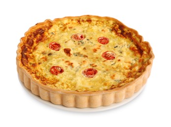 Photo of Delicious quiche with cheese and tomatoes isolated on white