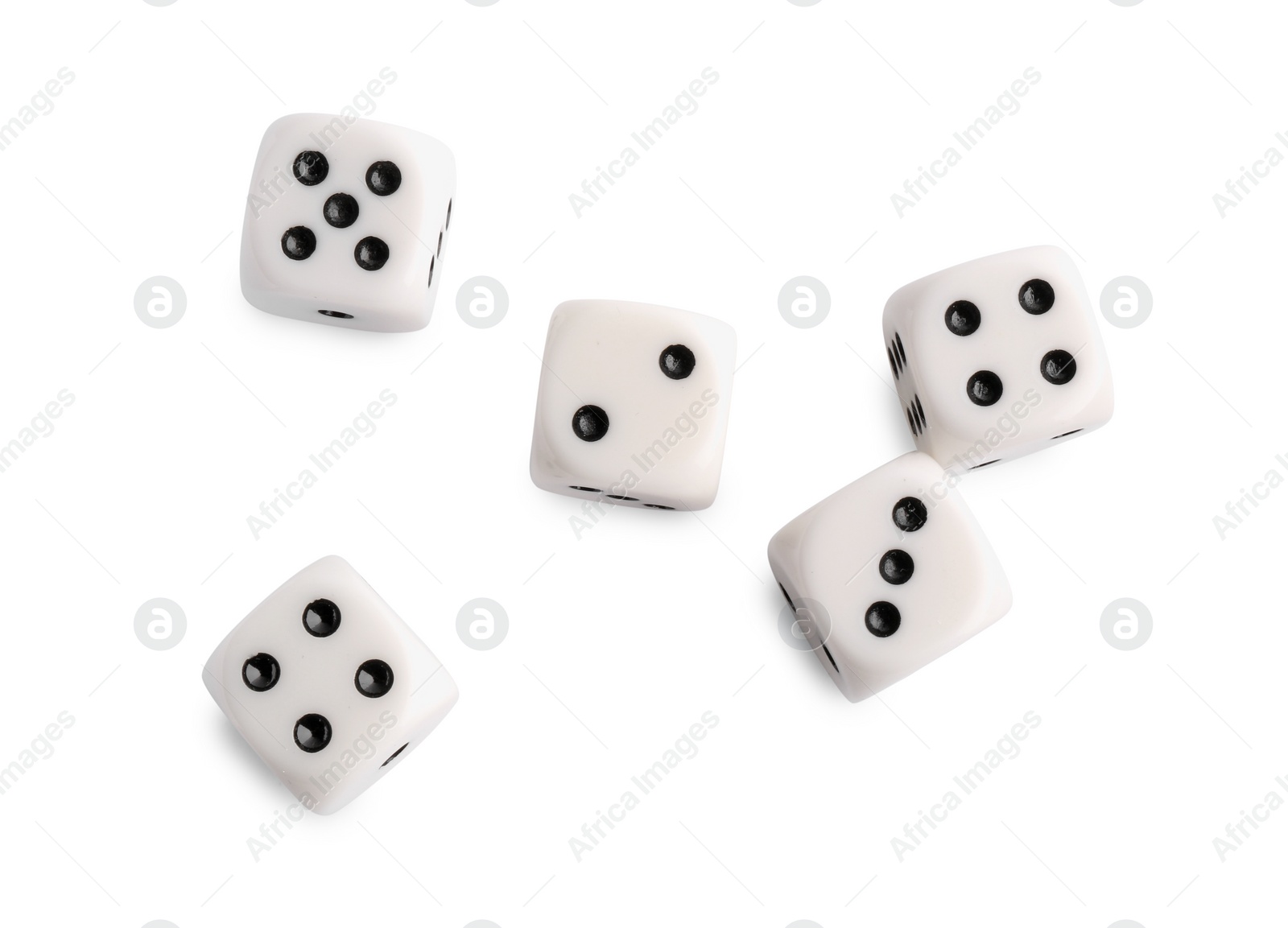 Photo of Many dices isolated on white, top view. Game cubes