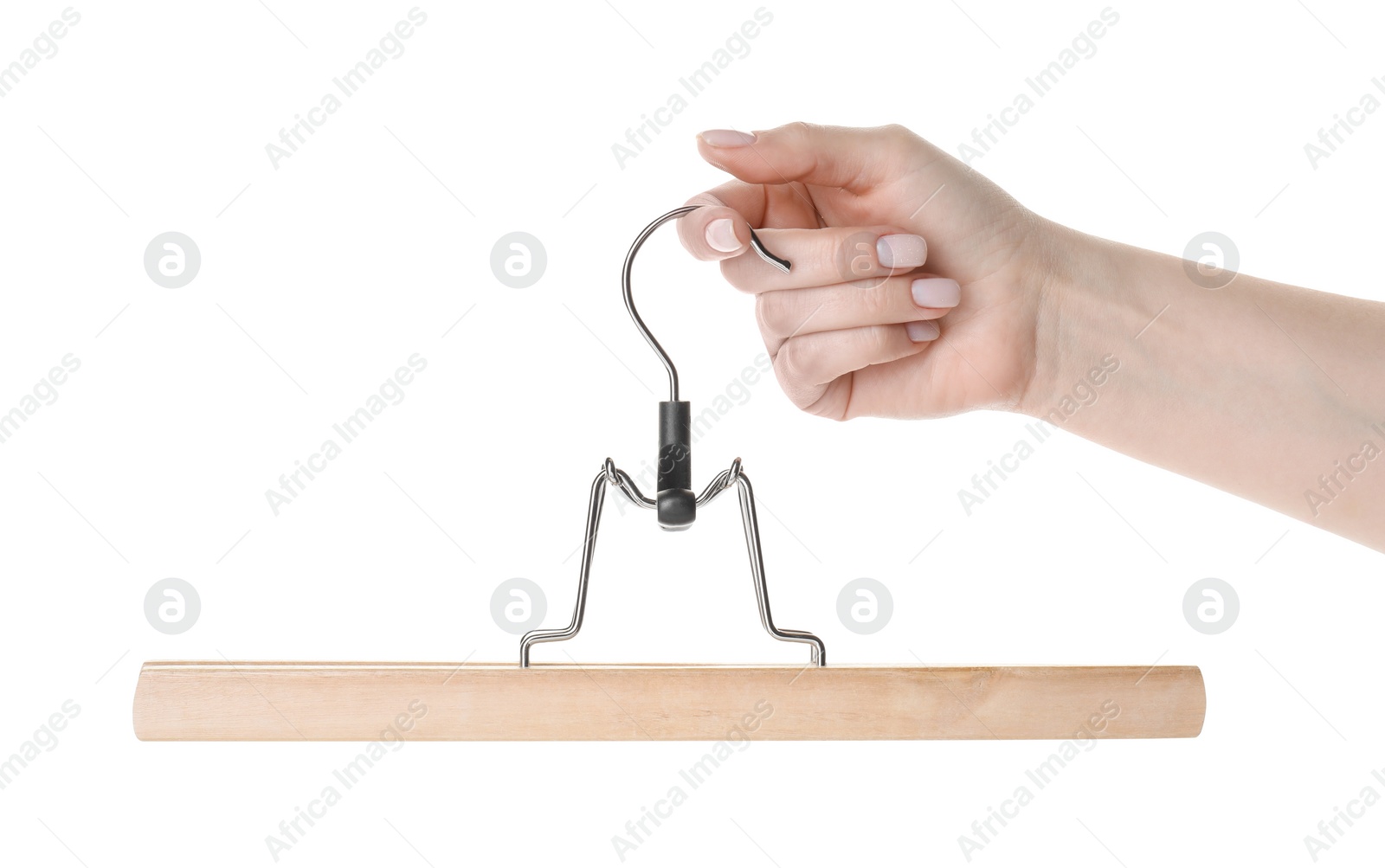 Photo of Woman holding hanger on white background, closeup