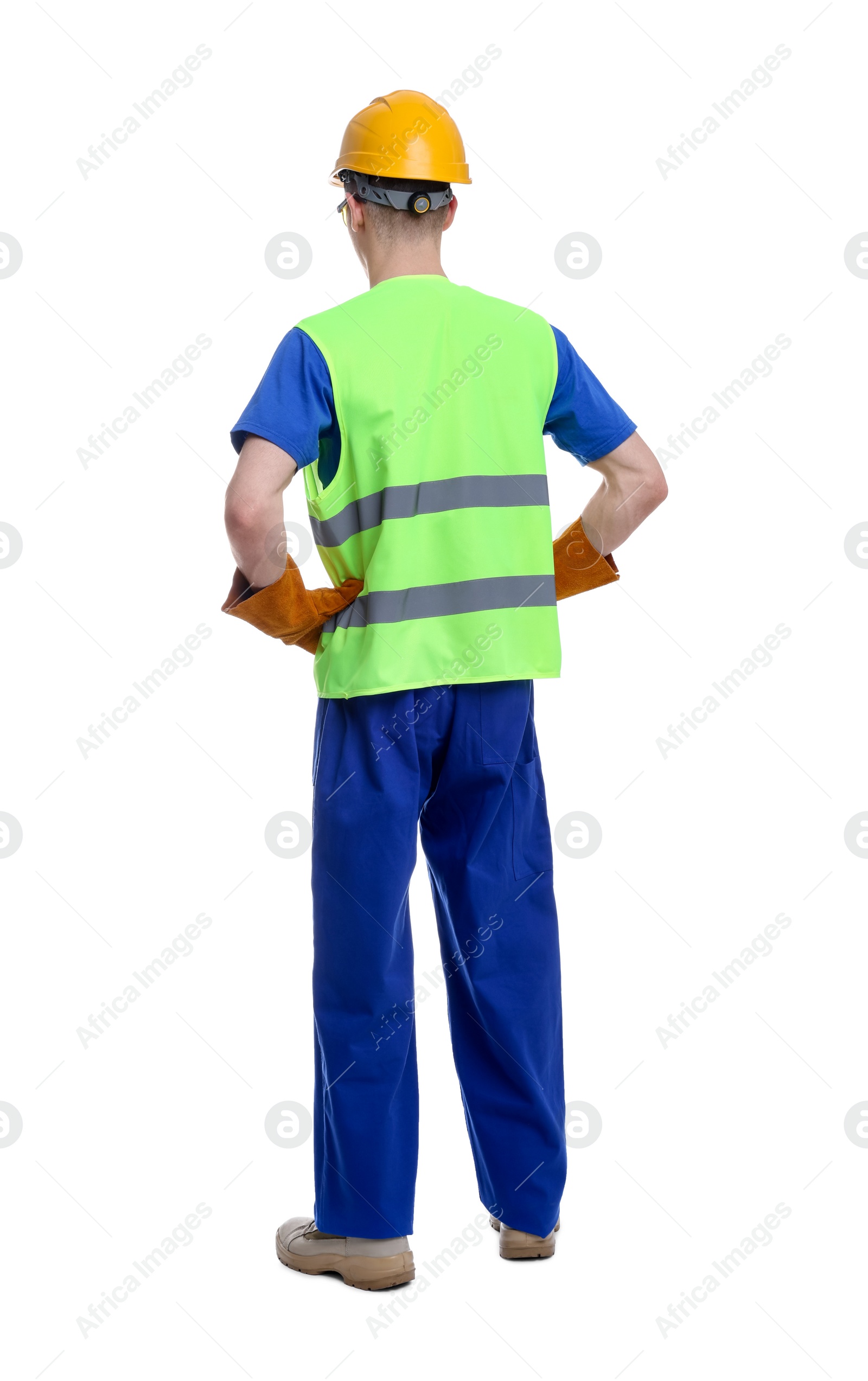 Photo of Young man wearing safety equipment on white background, back view