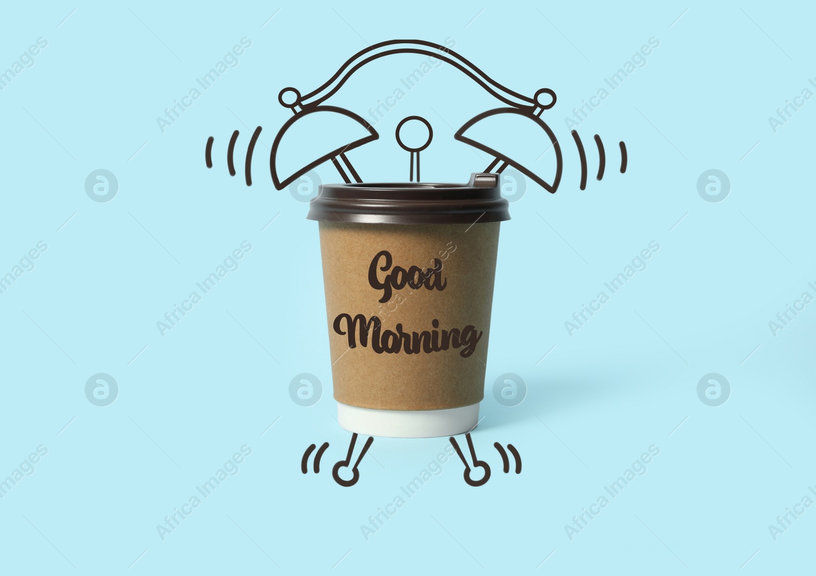 Image of Good Morning. Takeaway paper coffee cup on light blue background