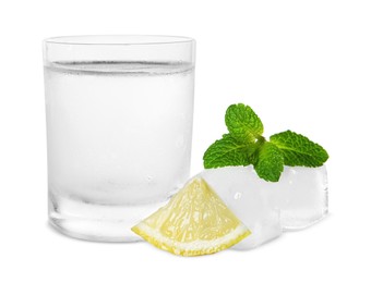 Photo of Shot of vodka with lemon, ice and mint on white background