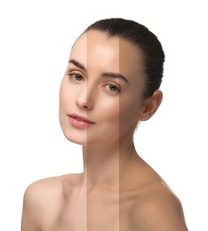 Image of Solarium tan. Combined portrait of woman with different skin tones on white background