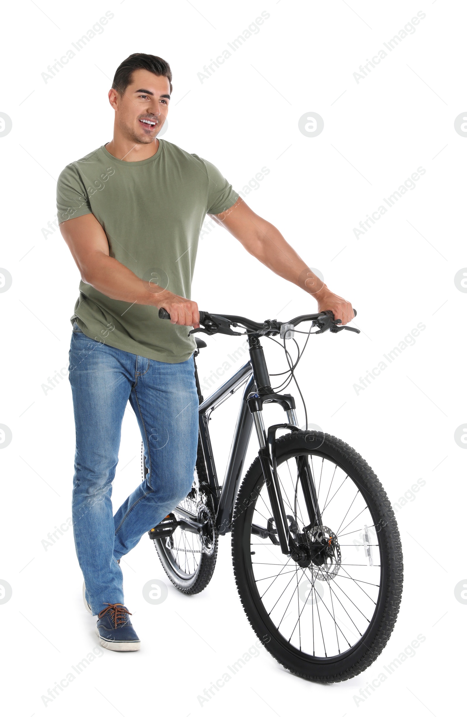 Photo of Handsome young man with modern bicycle on white background