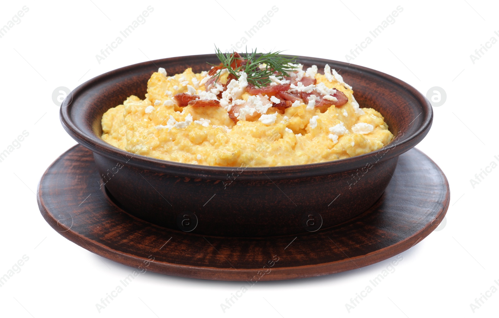 Photo of Tasty banosh with brynza and pork cracklings in bowl isolated on white. Traditional Ukrainian dish