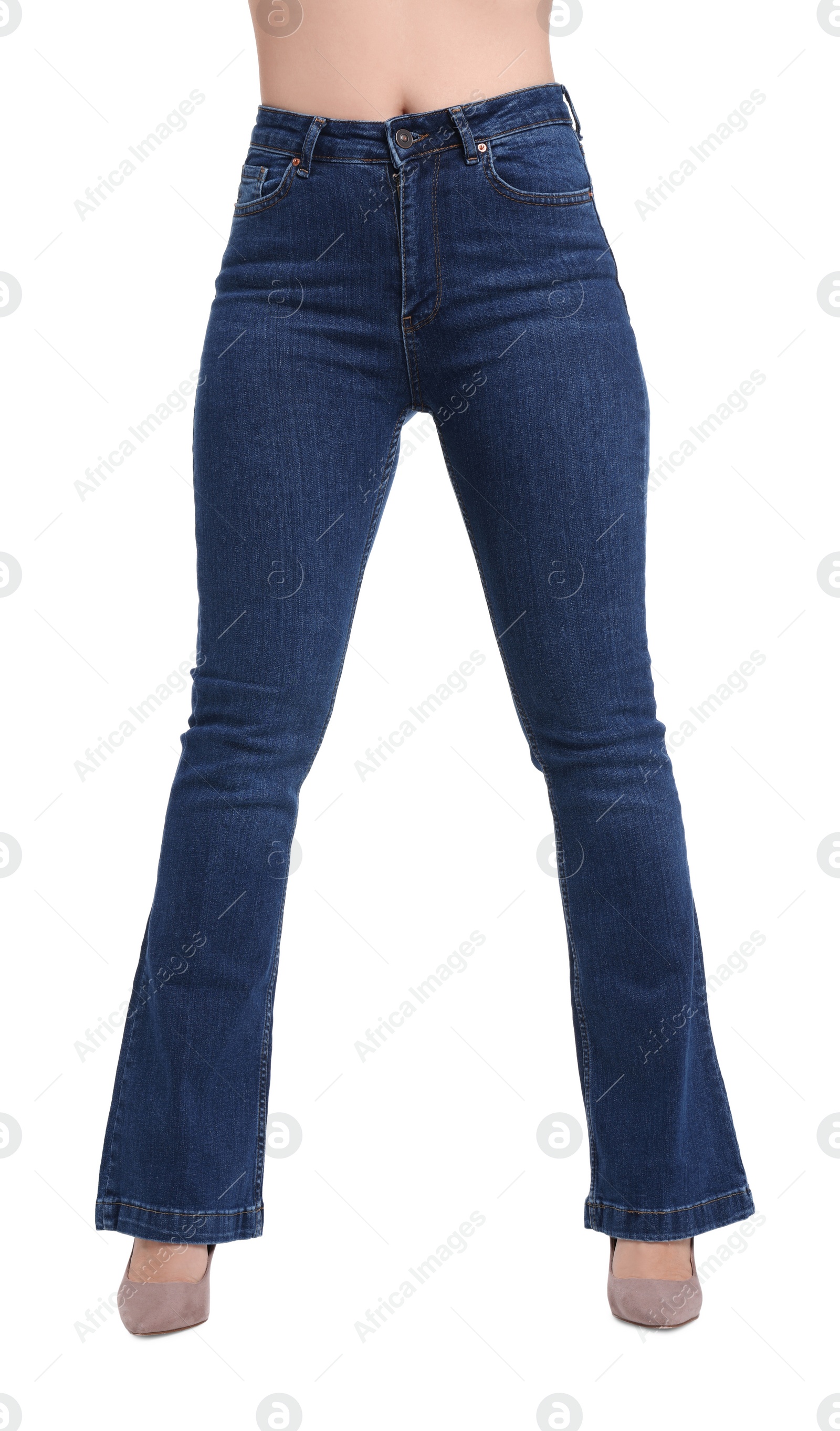 Photo of Woman in stylish jeans on white background, closeup