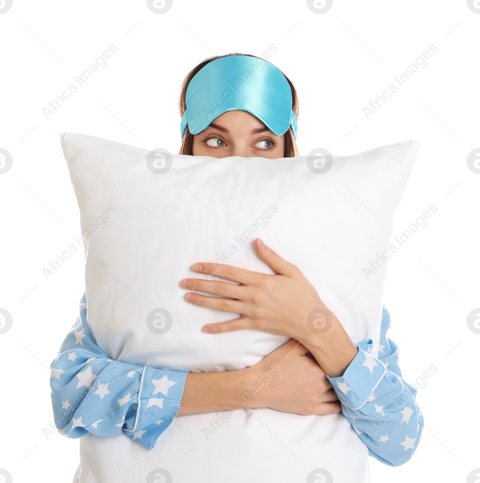 Photo of Beautiful woman with pillow and sleep mask on white background. Bedtime