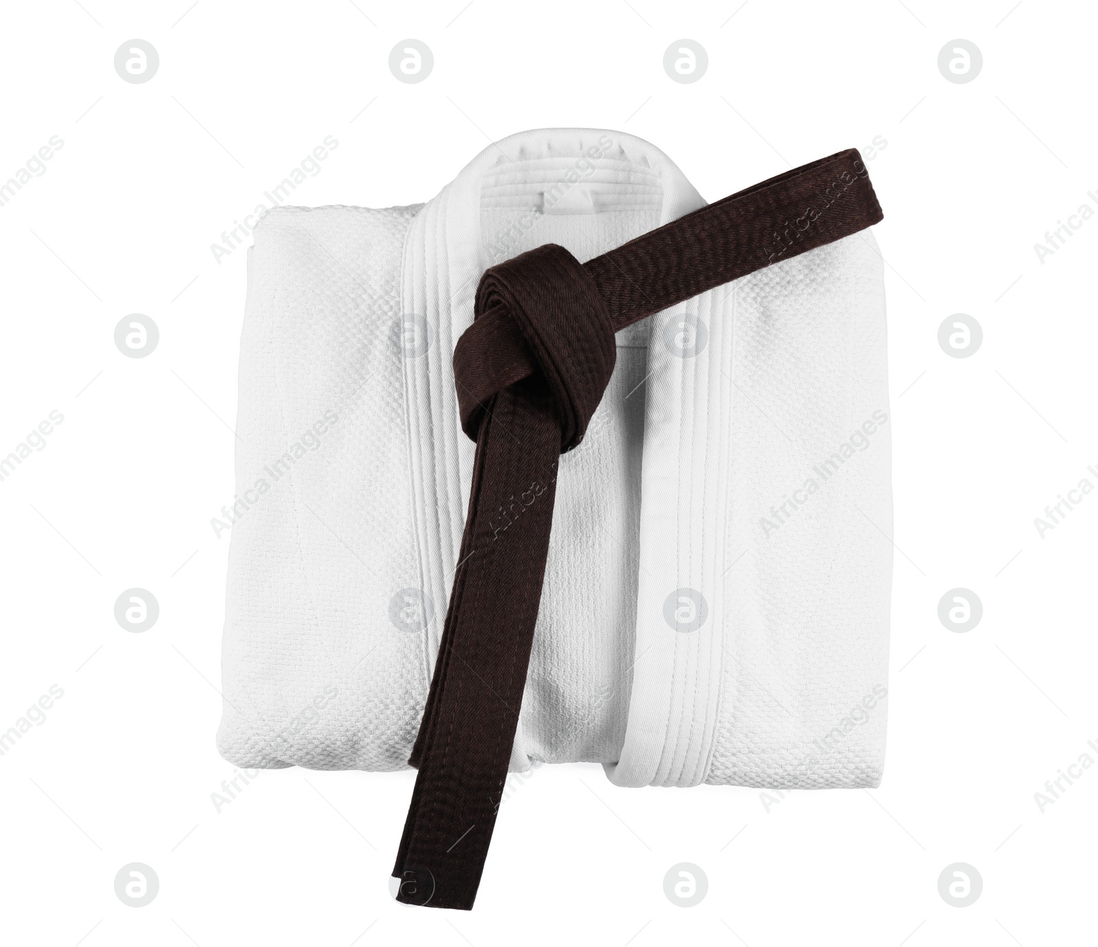 Photo of Martial arts uniform with brown belt isolated on white, top view