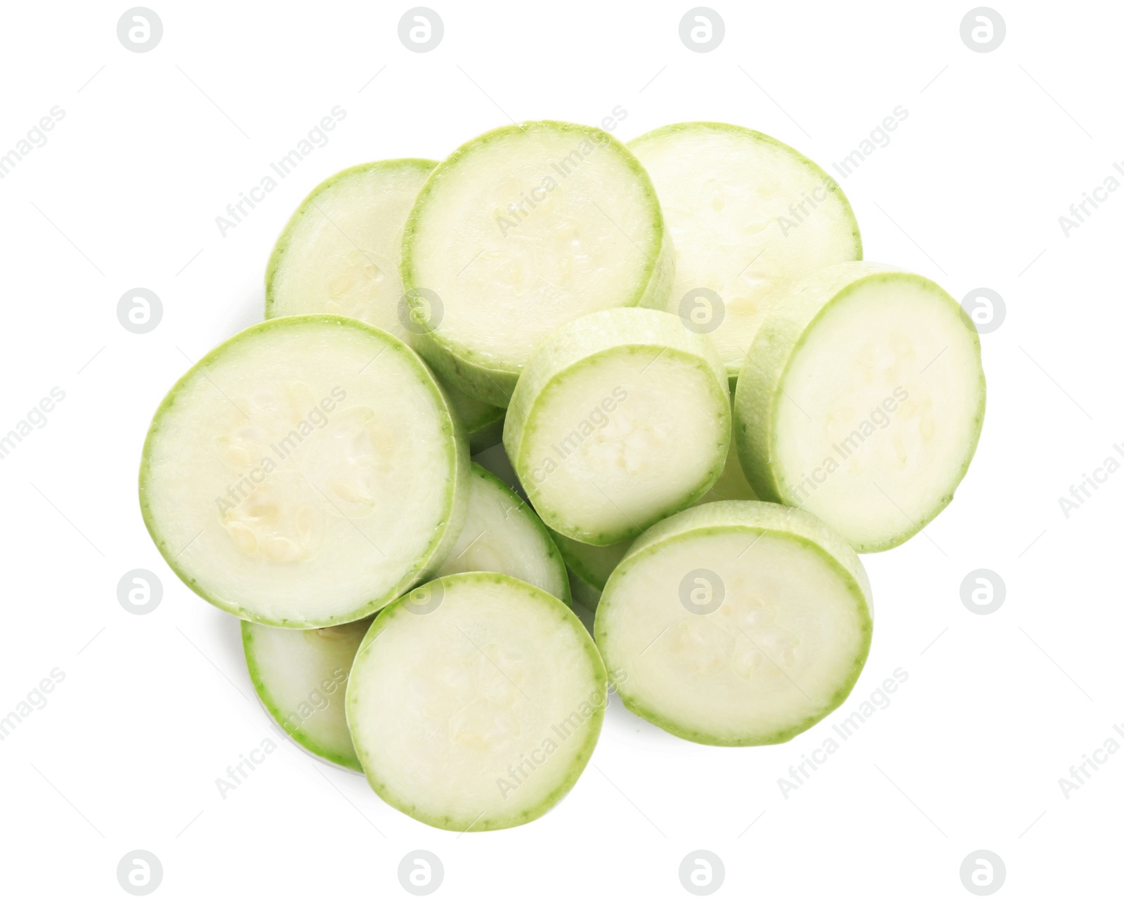 Photo of Slices of fresh ripe zucchini isolated on white, top view