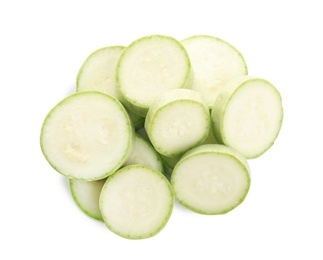 Photo of Slices of fresh ripe zucchini isolated on white, top view