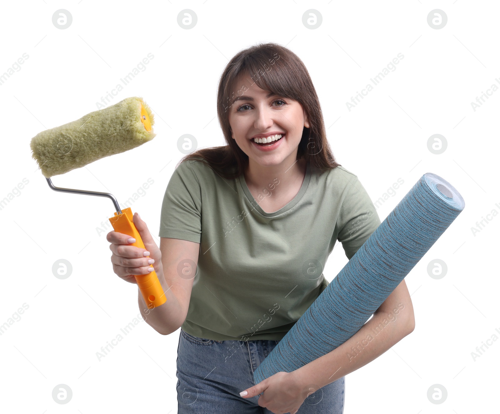 Photo of Beautiful woman with wallpaper roll and brush on white background