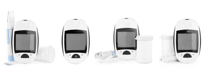 Image of Set with digital glucometers, lancet pens and test strips on white background, banner design. Diabetes control