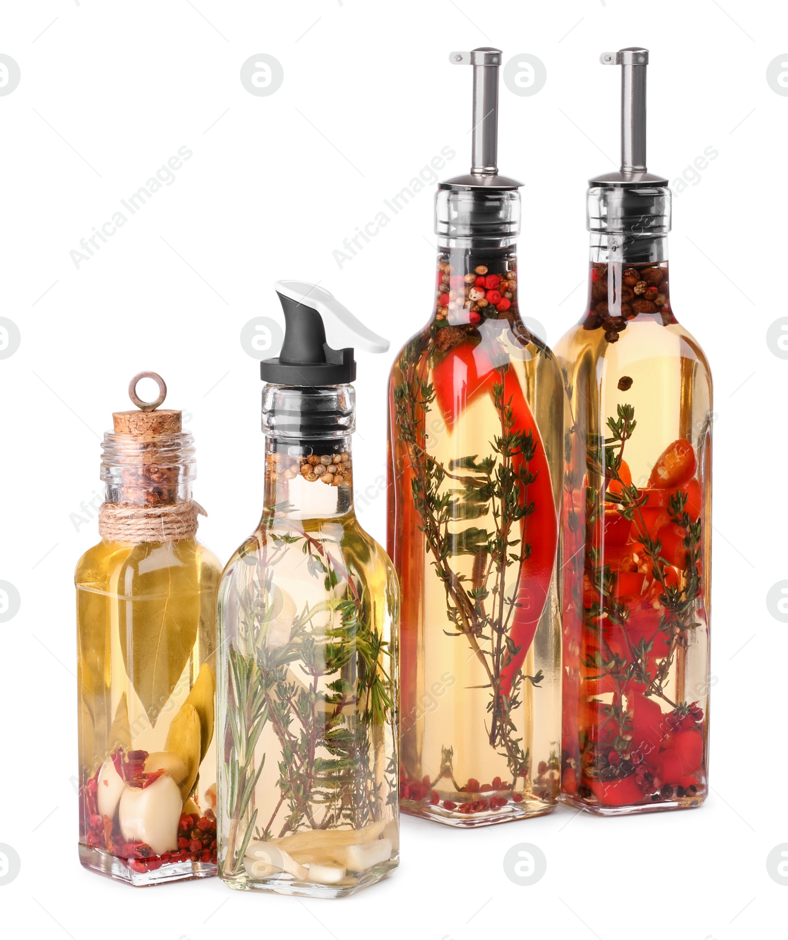 Photo of Glass bottles of cooking oil with spices and herbs on white background