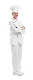 Photo of Happy woman chef in uniform on white background