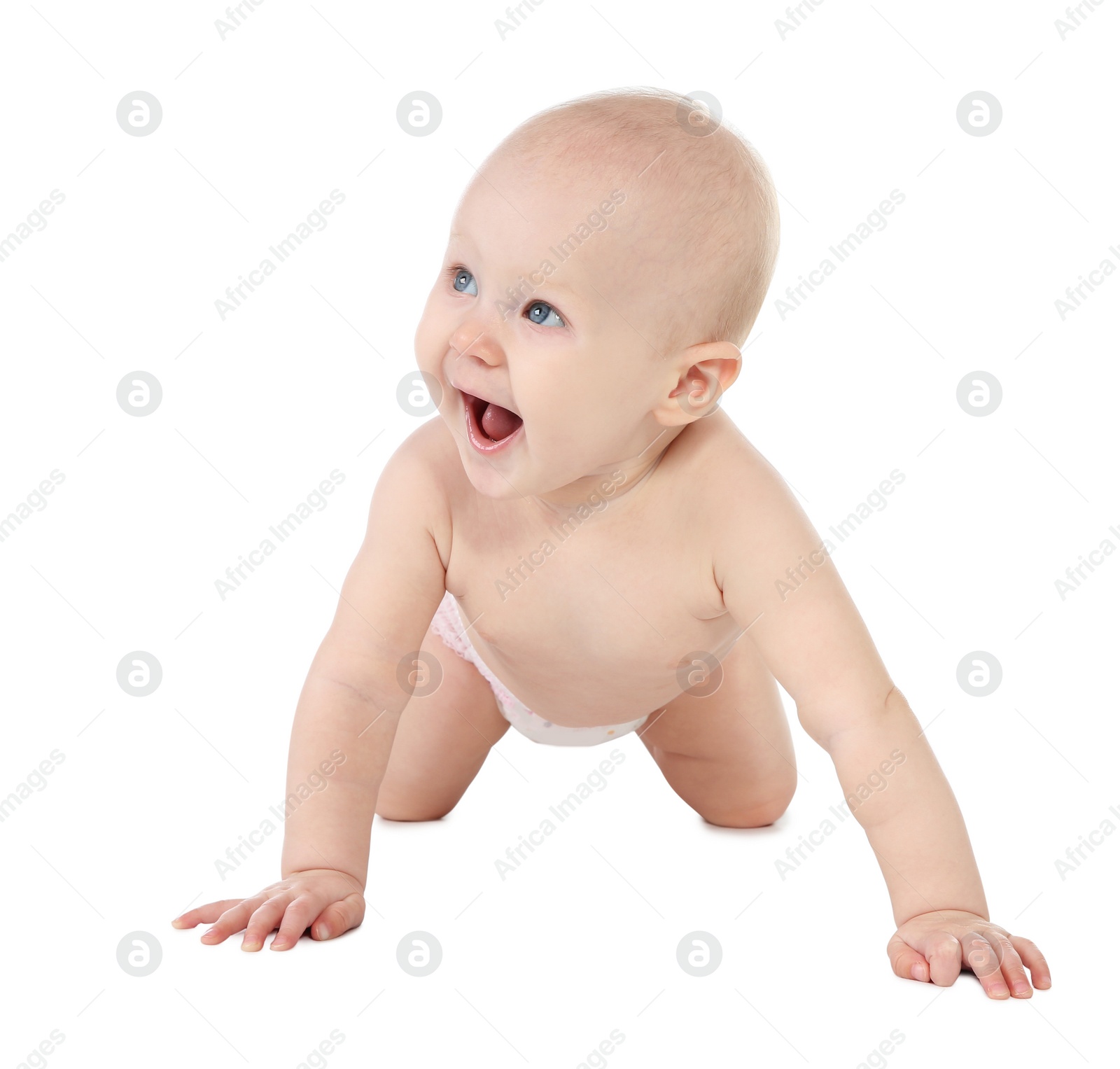 Photo of Cute little baby crawling on white background