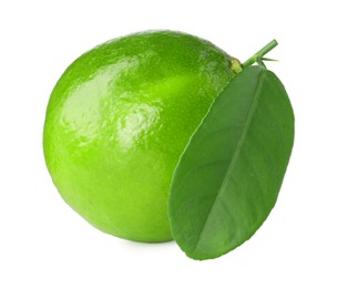 Fresh green ripe lime with leaf isolated on white