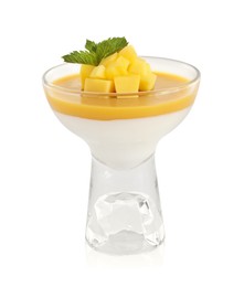 Photo of Delicious panna cotta with mango coulis and fresh fruit pieces isolated on white