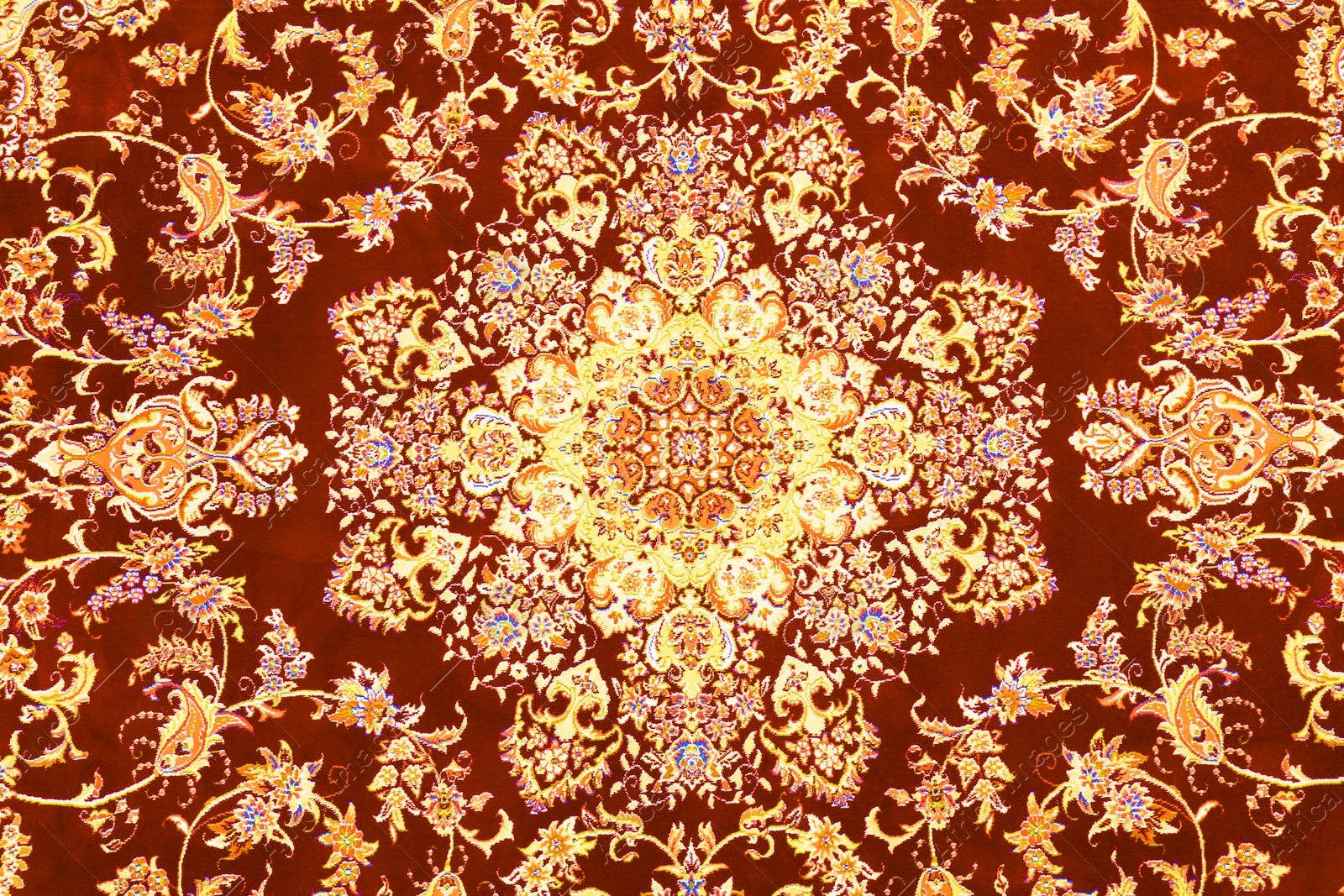 Image of Soft red carpet with beautiful pattern as background, top view