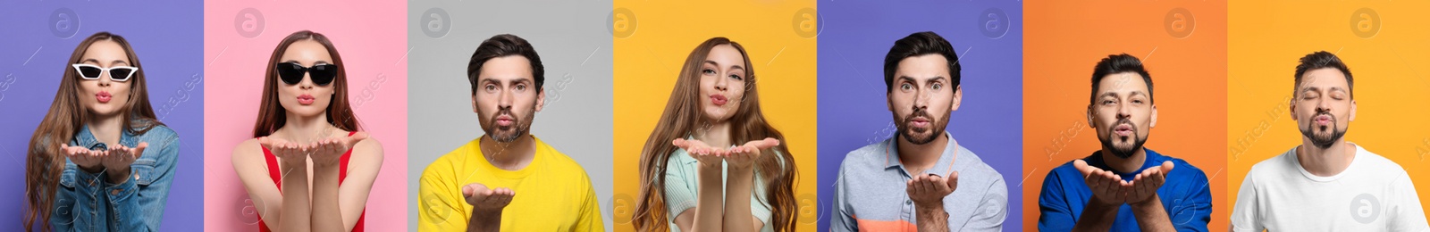 Image of Collage with photos of people blowing air kisses on different color background. Banner design