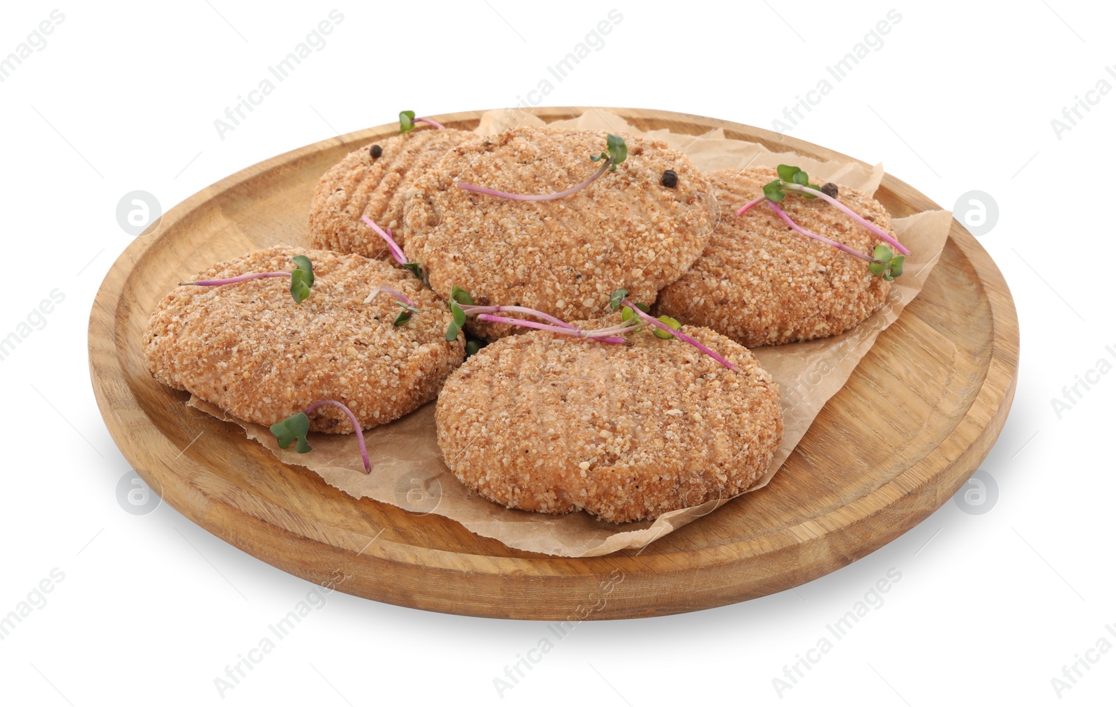 Photo of Vegan cutlets with breadcrumbs isolated on white