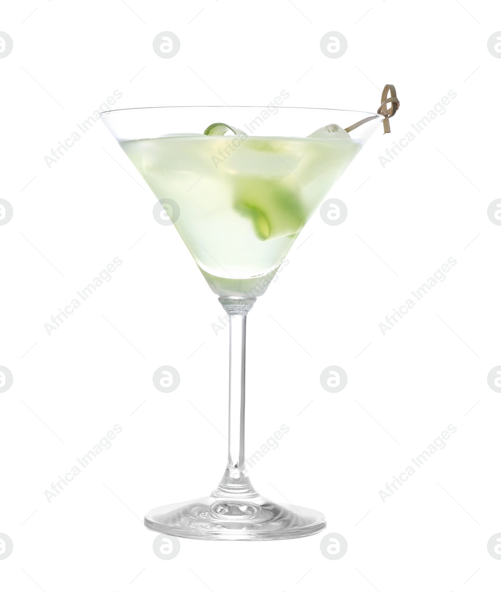 Photo of Glass of tasty martini with cucumber on white background