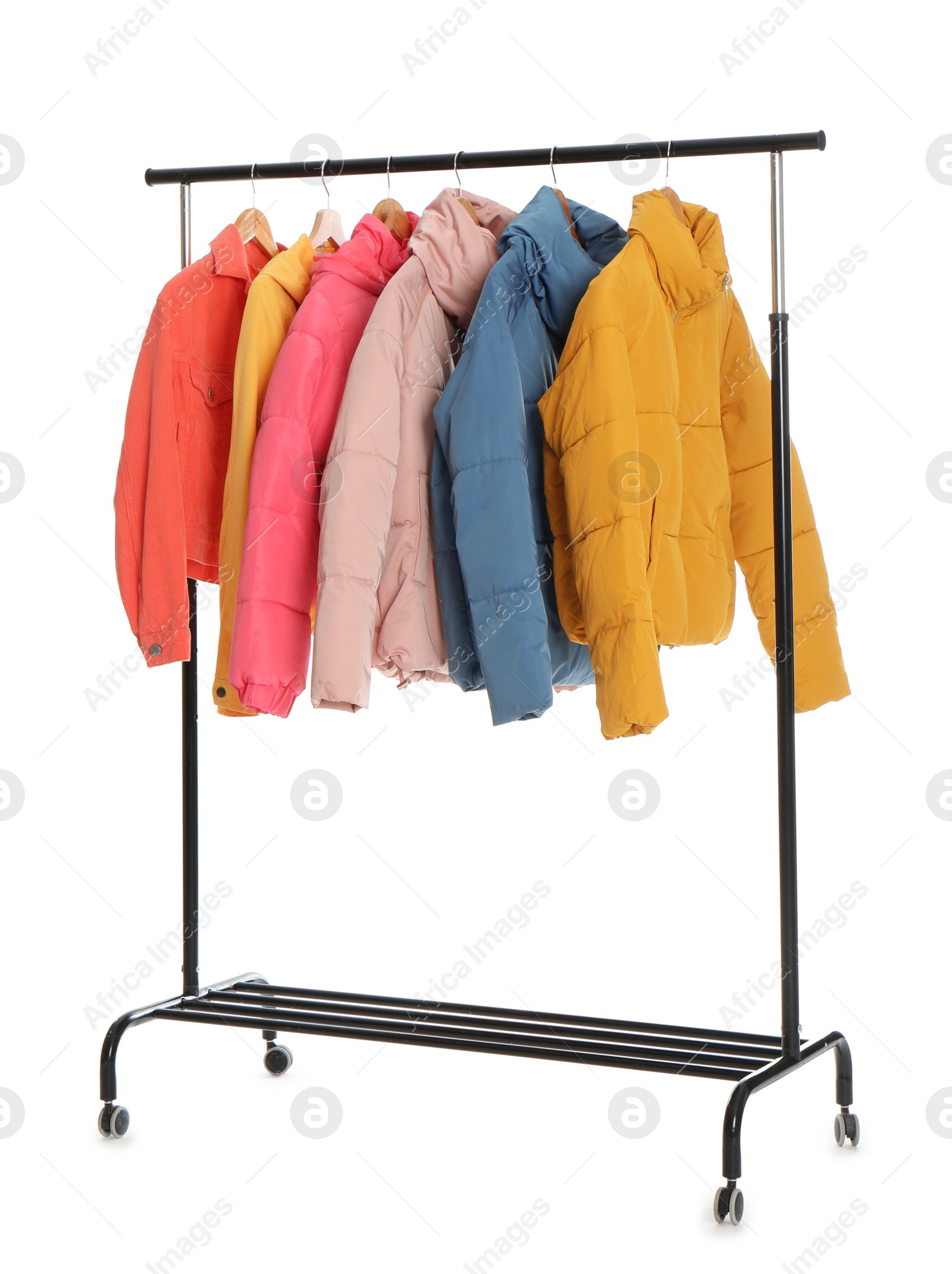 Photo of Rack with stylish jackets isolated on white