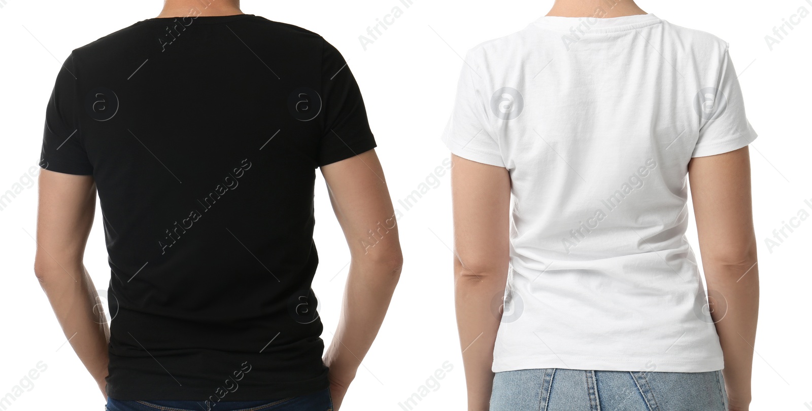 Image of Closeup view of people in t-shirts on white background, collage. Space for design