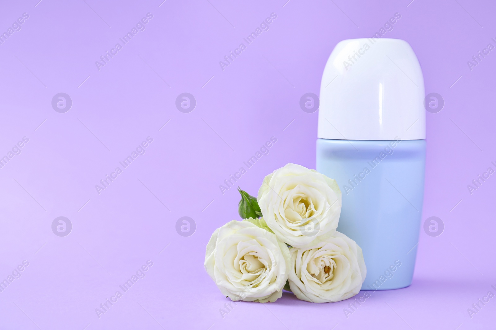 Photo of Composition with natural female roll-on deodorant on purple background, space for text