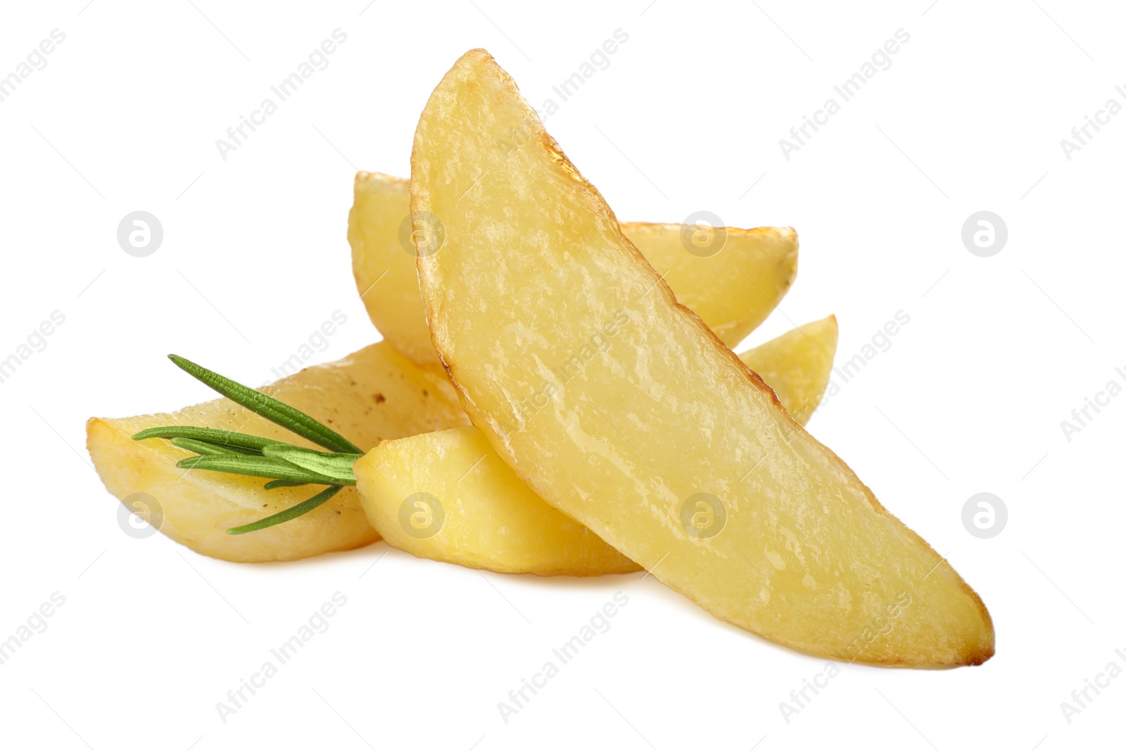 Photo of Tasty baked potato wedges with rosemary on white background