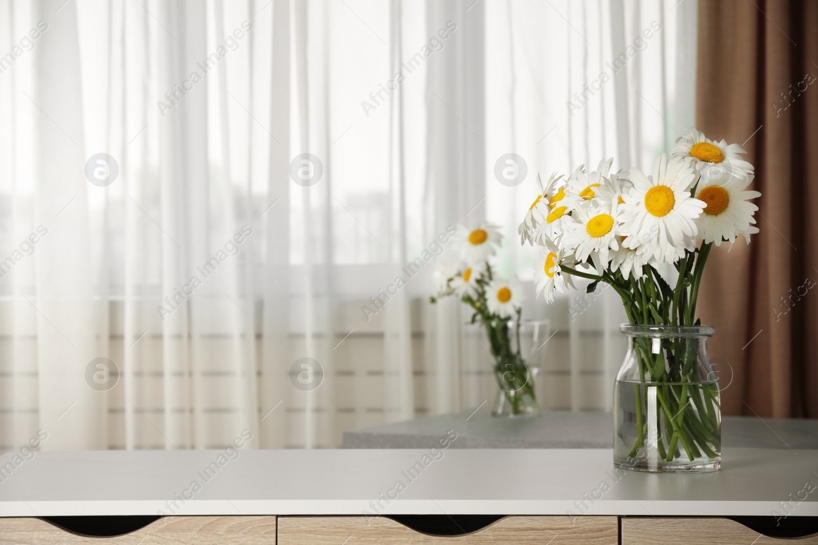 Photo of Vase with beautiful chamomile flowers on cabinet in room. Space for text