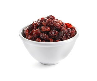 Bowl with cranberries on white background. Dried fruit as healthy snack