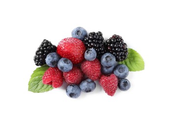 Photo of Many different ripe berries and mint leaves isolated on white, top view