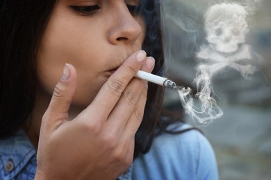 Image of No Smoking. Woman with cigarette outdoors, closeup. Skull and crossbones symbol of smoke