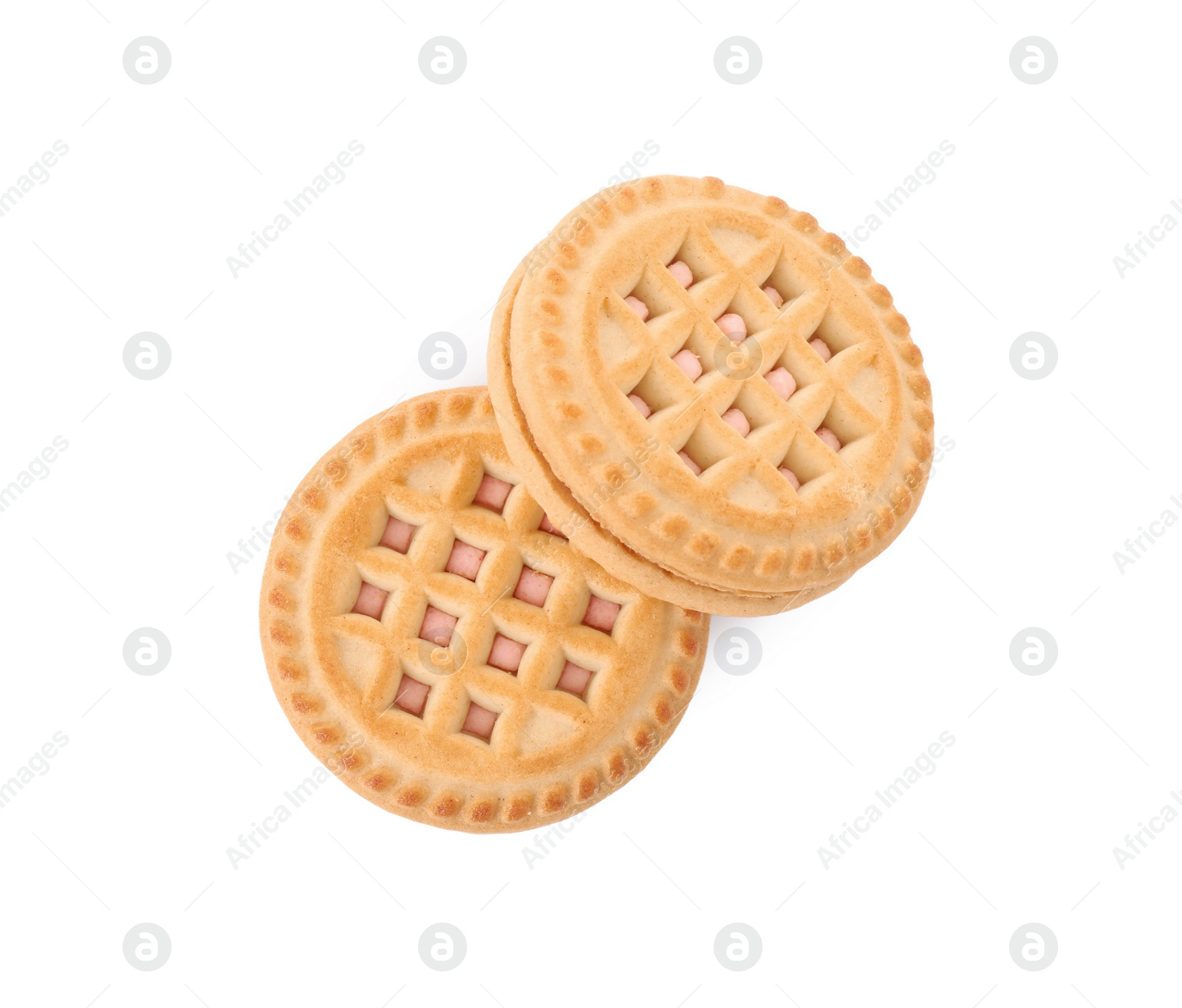 Photo of Tasty sandwich cookies with cream isolated on white, top view