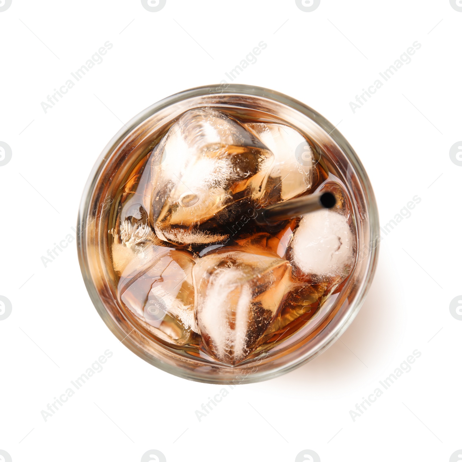 Photo of Glass of refreshing cola with ice on white background, top view