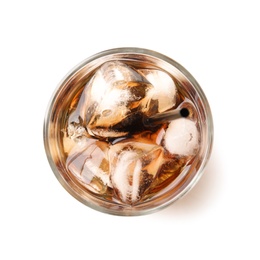 Glass of refreshing cola with ice on white background, top view