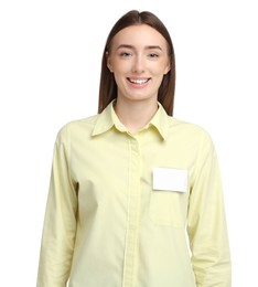 Photo of Woman with blank badge on white background