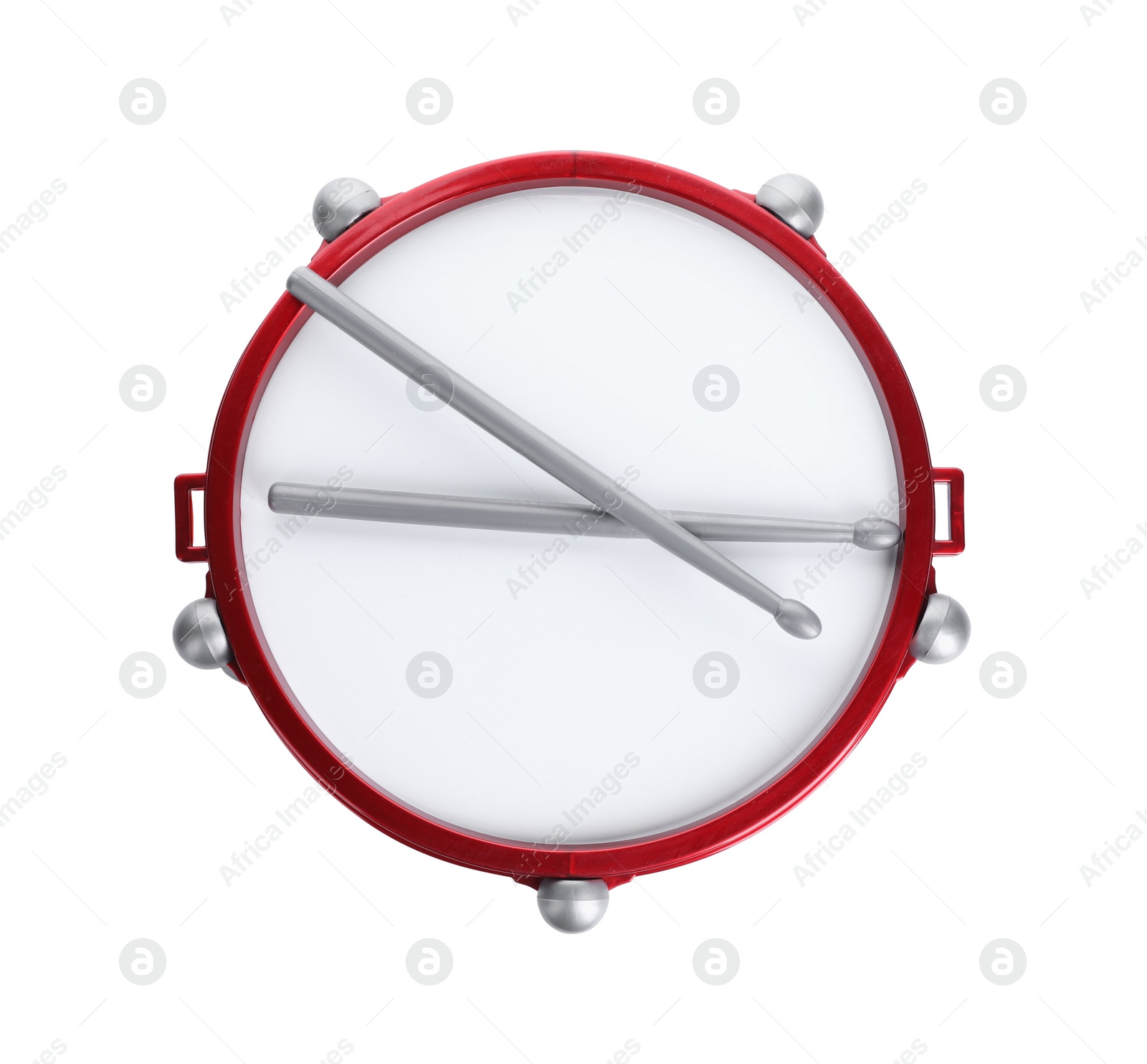 Photo of Drum with sticks isolated on white, top view