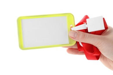 Photo of Woman holding blank badge with string on white background