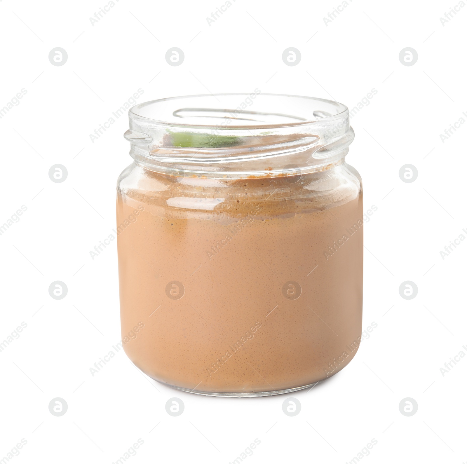 Photo of Delicious meat pate in glass jar isolated on white