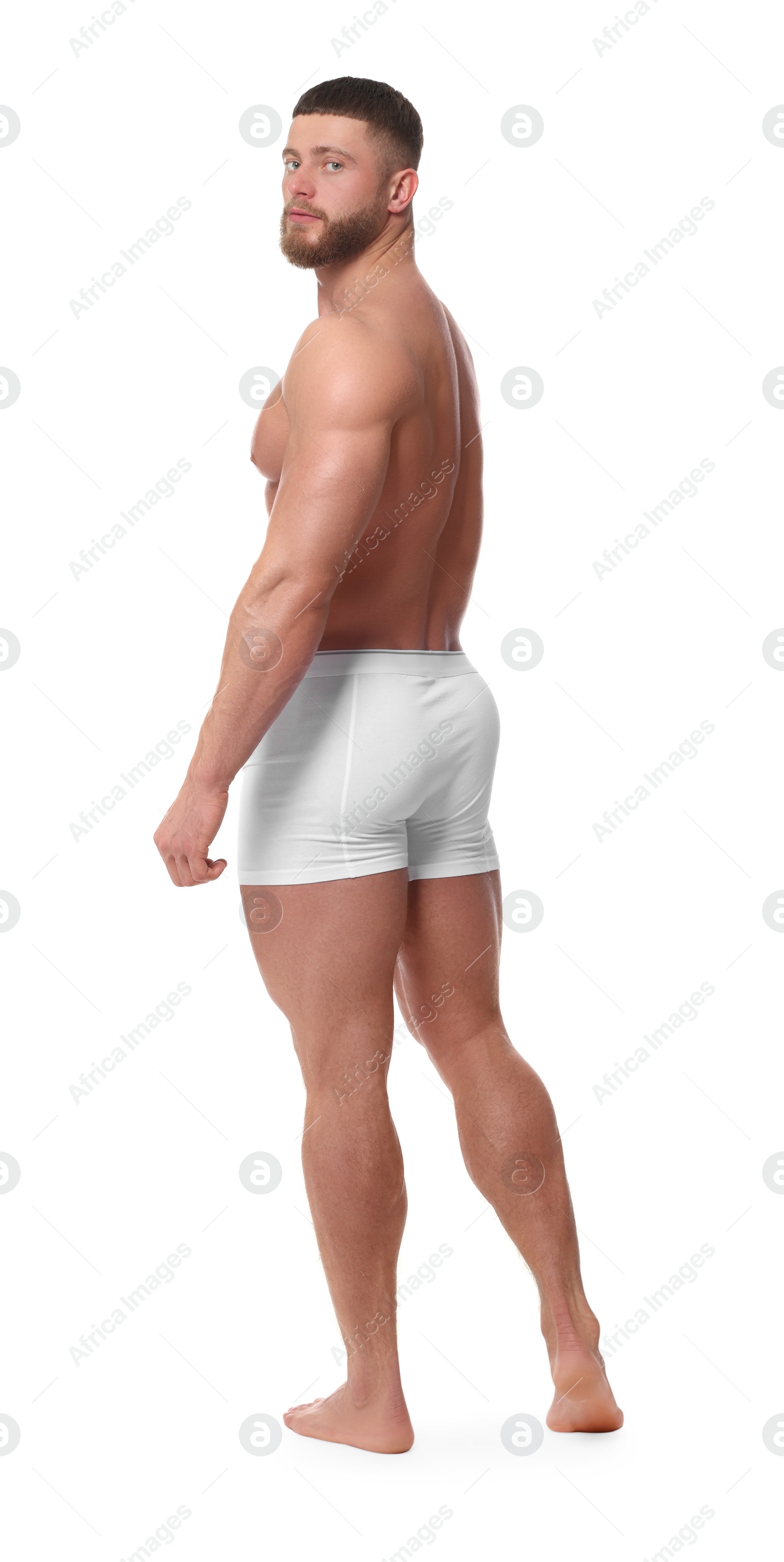 Photo of Young man is stylish underwear on white background