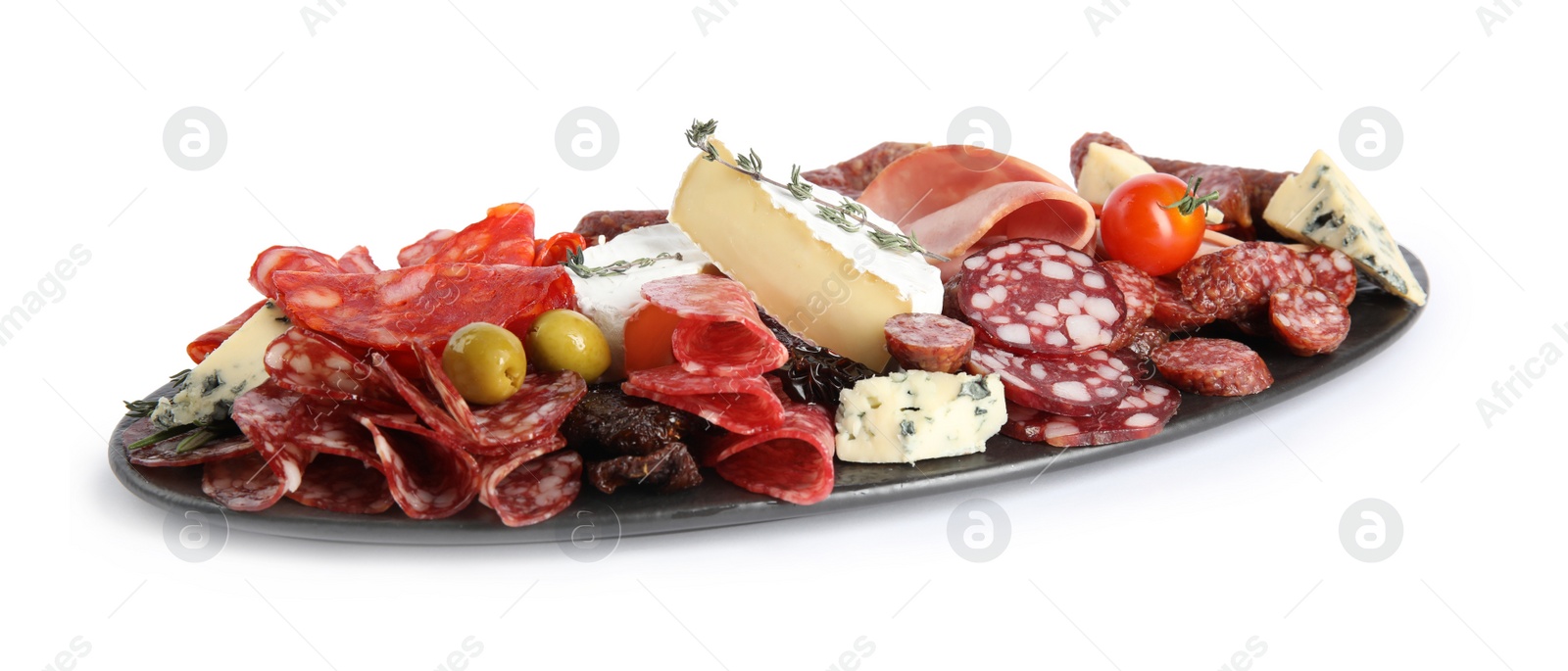 Photo of Slate plate with tasty ham and other delicacies isolated on white